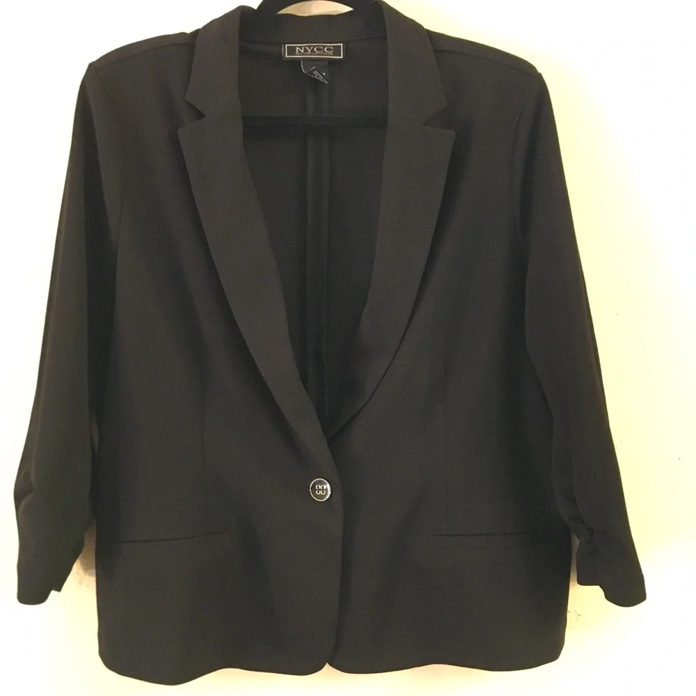 NYCC Lightweight Single Button Blazer XL Black 3/4 Ruched Sleeve Work Office - Picture 1 of 6